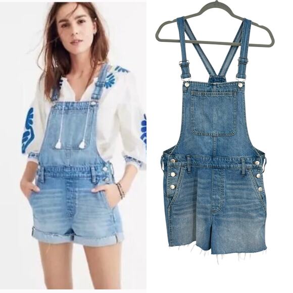 Madewell Adirondack Short Distressed Overalls Denim Medium Wash Blue Large - Picture 1 of 11